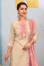 Designer Beige South Cotton Long Straight Salwar Kameez With Dupatta